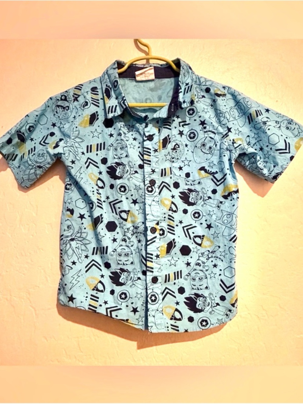 PJ MASKS Boys Button Up Short Sleeve Shirt Catboy Owlette Gekko- Size 7